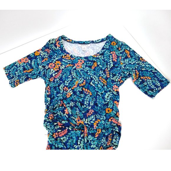 Motherhood Maternity Rushed Stretch Knit DRESS Midi Floral Blue Rayon Spandex M - Picture 9 of 12